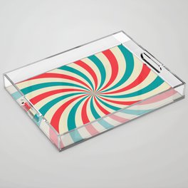 Retro background with curved, rays or stripes in the center. Rotating, spiral stripes. Sunburst or sun burst retro background. Turquoise and red colors. Vintage illustration Acrylic Tray