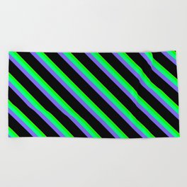 [ Thumbnail: Eye-catching Tan, Lime, Green, Medium Slate Blue & Black Colored Striped/Lined Pattern Beach Towel ]