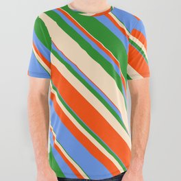 [ Thumbnail: Bisque, Red, Cornflower Blue & Forest Green Colored Stripes/Lines Pattern All Over Graphic Tee ]