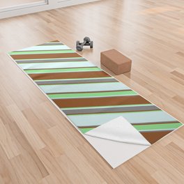 [ Thumbnail: Brown, Light Green, Light Cyan, and Grey Colored Lined Pattern Yoga Towel ]