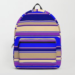 [ Thumbnail: Colorful Dark Orchid, Dark Blue, Beige, Blue & Tan Colored Striped Pattern Backpack ]