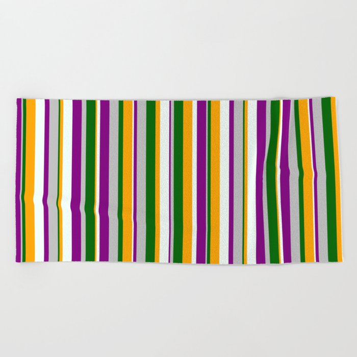 Colorful Grey, Purple, Mint Cream, Orange, and Dark Green Colored Stripes/Lines Pattern Beach Towel