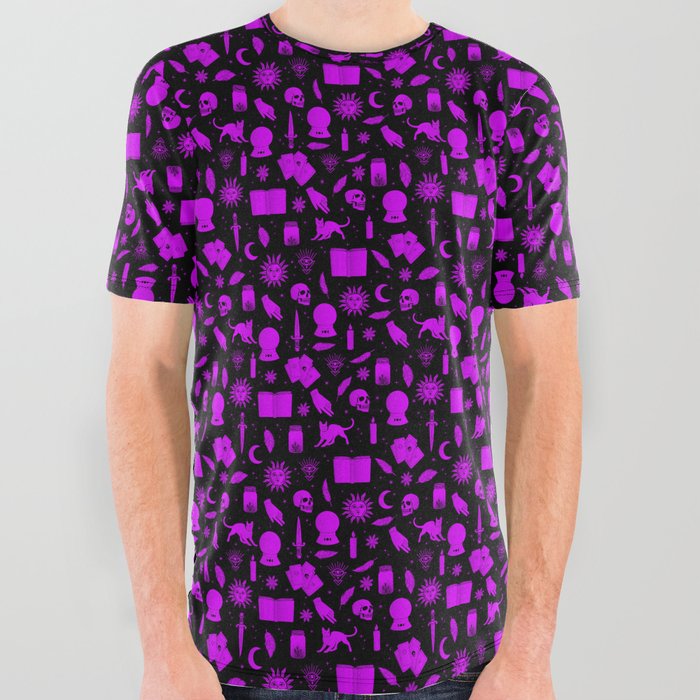 Small Bright Dayglo Purple Halloween Motifs Skulls, Spells & Cats on Spooky Black  All Over Graphic Tee