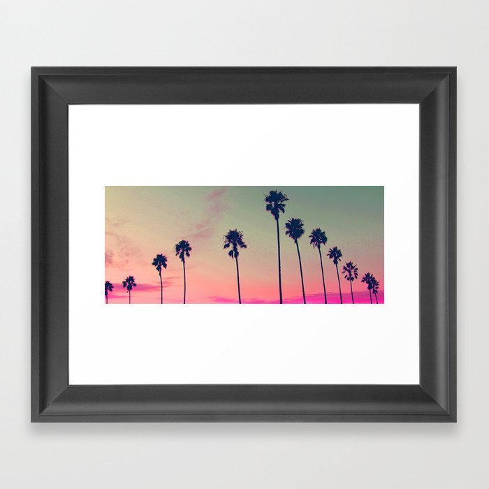 Pink Sunset, Palm Tree Silhouette Encinitas, California - Surfer Framed Art Print