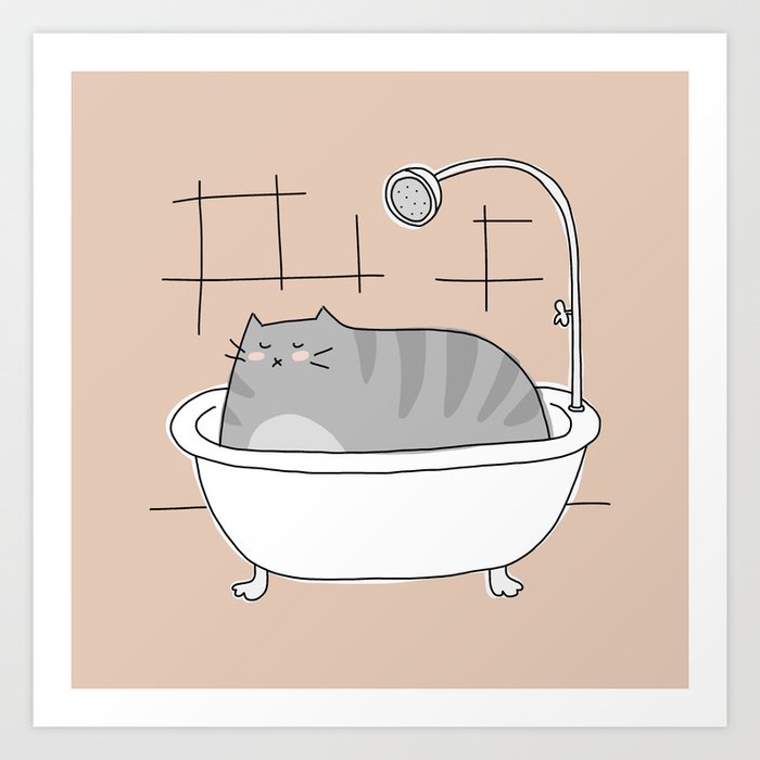 Gray Cat In Bathtub Beige Art Print, Cat In Bathtub Art