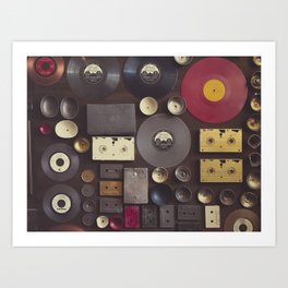 Music. Vintage wall with vinyl records and audio cassettes hung. Art Print
