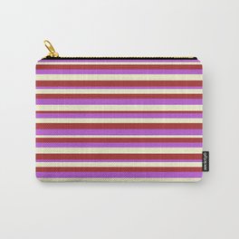 [ Thumbnail: Brown, Orchid & Light Yellow Colored Stripes/Lines Pattern Carry-All Pouch ]