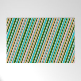 [ Thumbnail: Light Pink, Dark Turquoise, Brown & Dark Green Colored Lines Pattern Welcome Mat ]