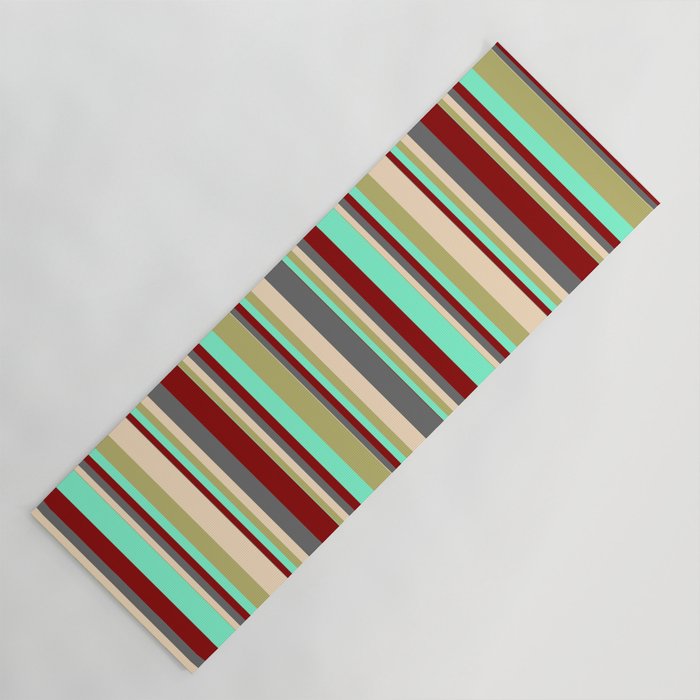 Aquamarine, Dark Khaki, Bisque, Dim Gray & Dark Red Colored Striped/Lined Pattern Yoga Mat