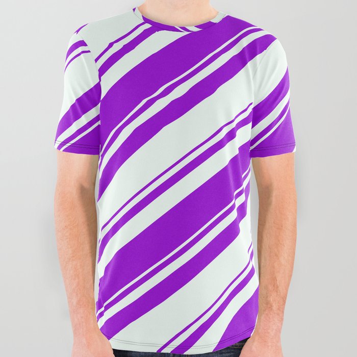 Dark Violet and Mint Cream Colored Pattern of Stripes All Over Graphic Tee