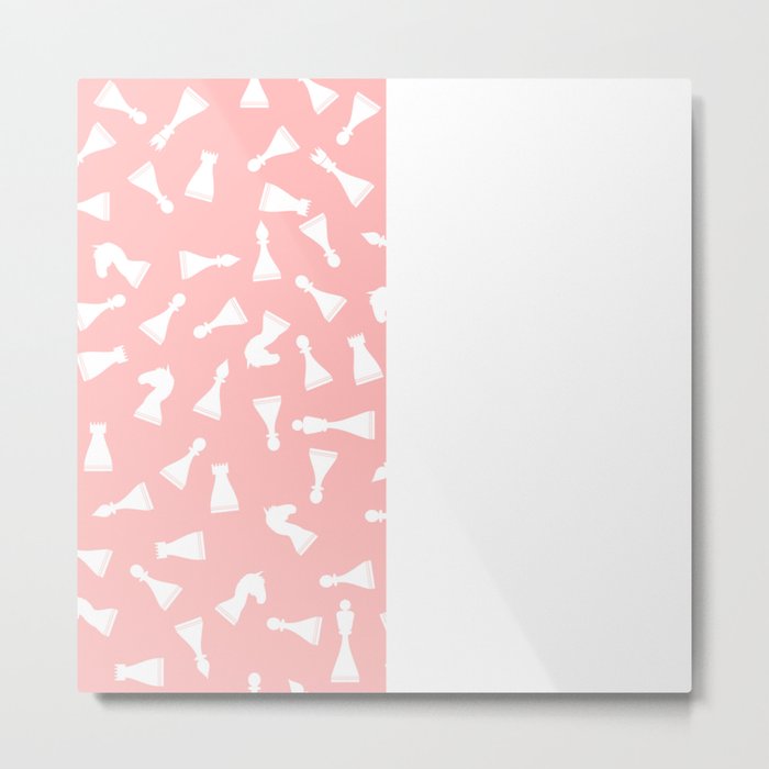 White Chess Pieces on Pink and White Vertical Split Metal Print