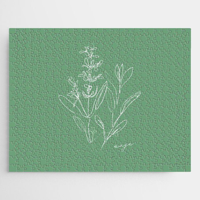 Sage - One Line Drawing Art Design Herbs on Green Jigsaw Puzzle
