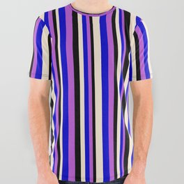 [ Thumbnail: Orchid, Blue, Beige & Black Colored Lines Pattern All Over Graphic Tee ]