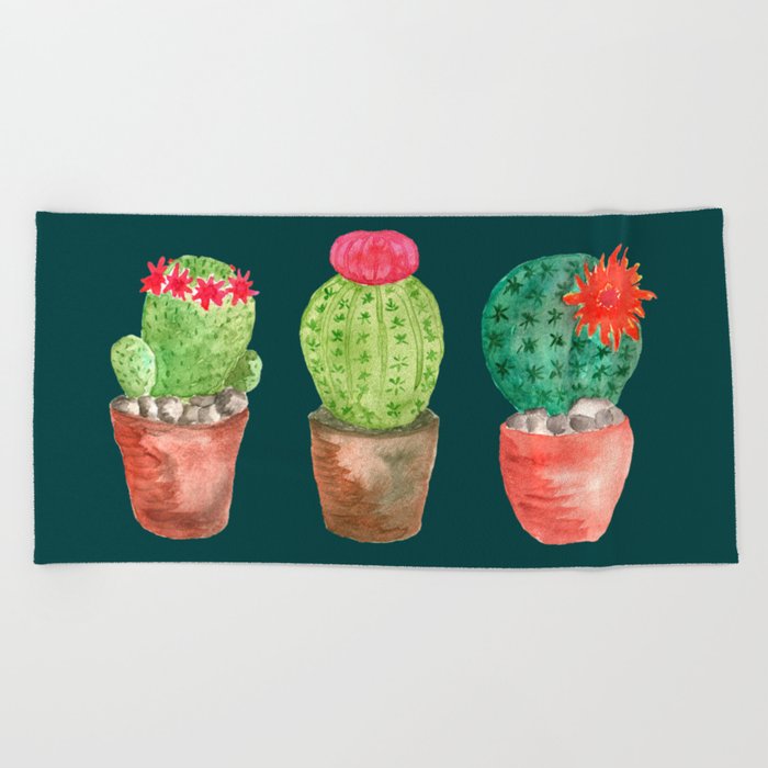 Three Cacti watercolor green Beach Towel