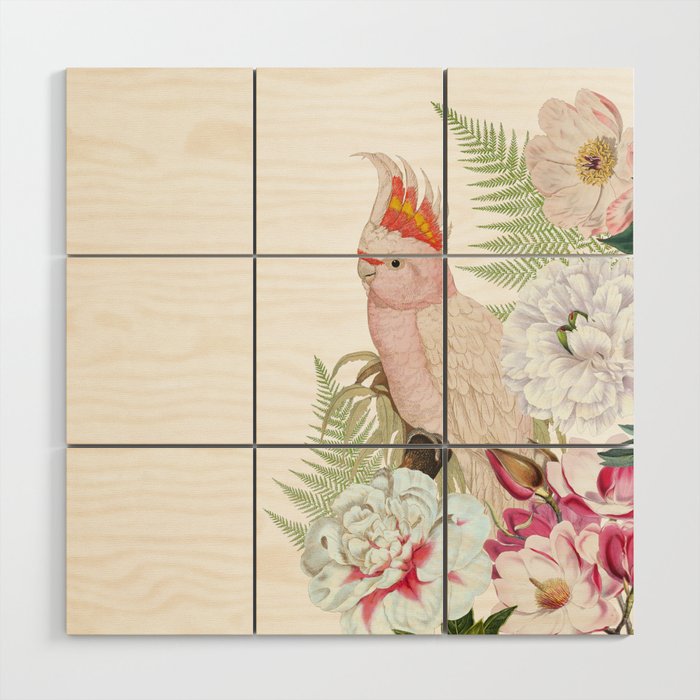 Vintage & Shabby Chic - Antique Pink Cockatoo With Tropical Flowers 1 Wood Wall Art