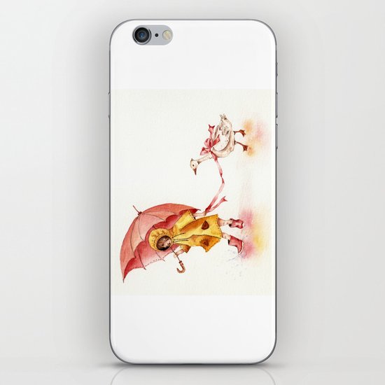 Rainy Day - Girl in a Yellow Rain Coat with Read Umbrella and with a Goose iPhone & iPod Skin