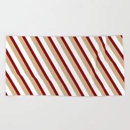 [ Thumbnail: Dark Red, Tan, and White Colored Stripes Pattern Beach Towel ]