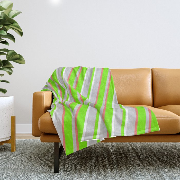 Green, White, Light Gray & Salmon Colored Striped/Lined Pattern Throw Blanket