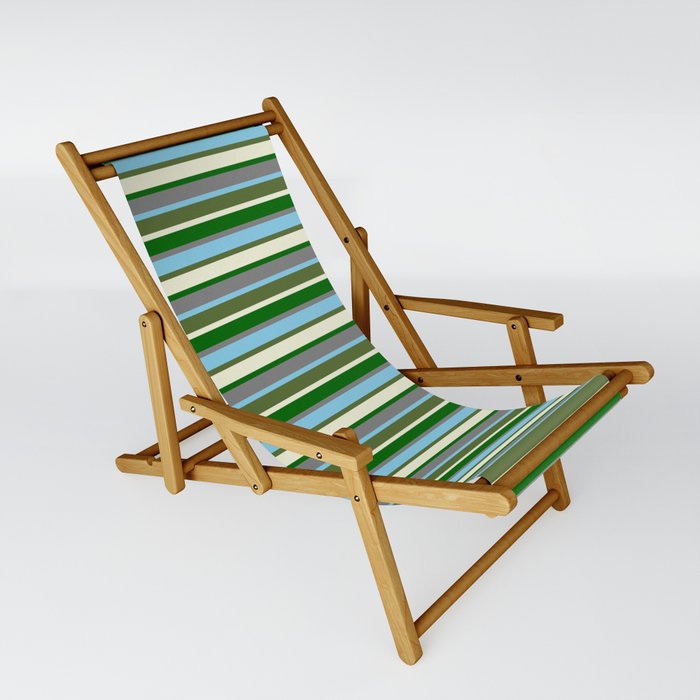 Vibrant Grey, Sky Blue, Dark Olive Green, Beige, and Dark Green Colored Lined/Striped Pattern Sling Chair