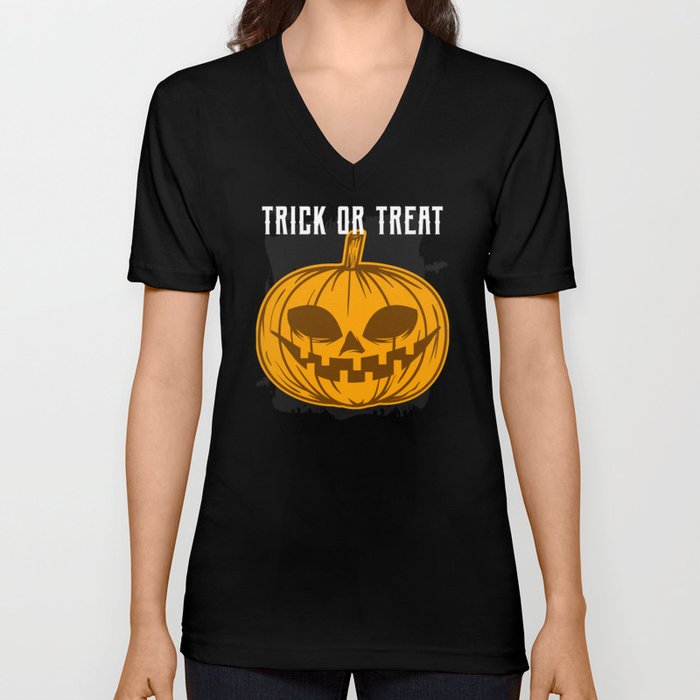 Trick or Treat Mean Pumpkin Naughty V Neck T Shirt