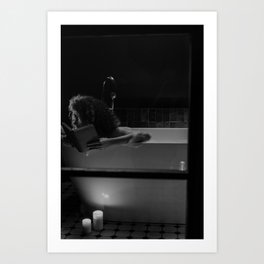 African American woman reading in the bathtub by candlelight black and white portrait photograph - photography - photographs wall decor Art Print