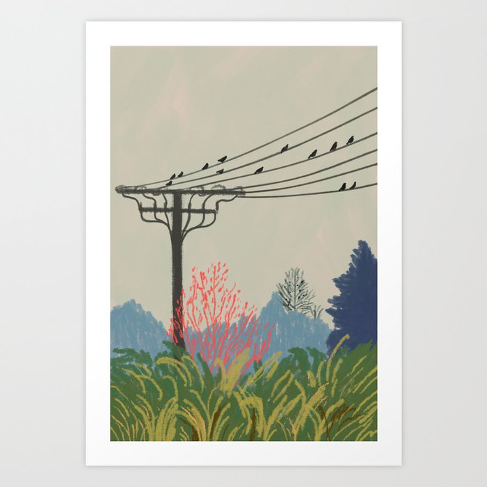Powerlines and Birds Landscape Art Print