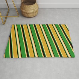[ Thumbnail: Goldenrod, Tan, Forest Green, and Black Colored Striped/Lined Pattern Rug ]