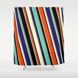 [ Thumbnail: Red, Aquamarine, Light Yellow, Black & Midnight Blue Colored Lines/Stripes Pattern Shower Curtain ]