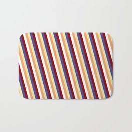 [ Thumbnail: Dark Slate Blue, Pale Goldenrod, Brown, White & Maroon Colored Stripes/Lines Pattern Bath Mat ]