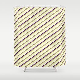 [ Thumbnail: Dark Khaki, Light Yellow & Indigo Colored Lined/Striped Pattern Shower Curtain ]