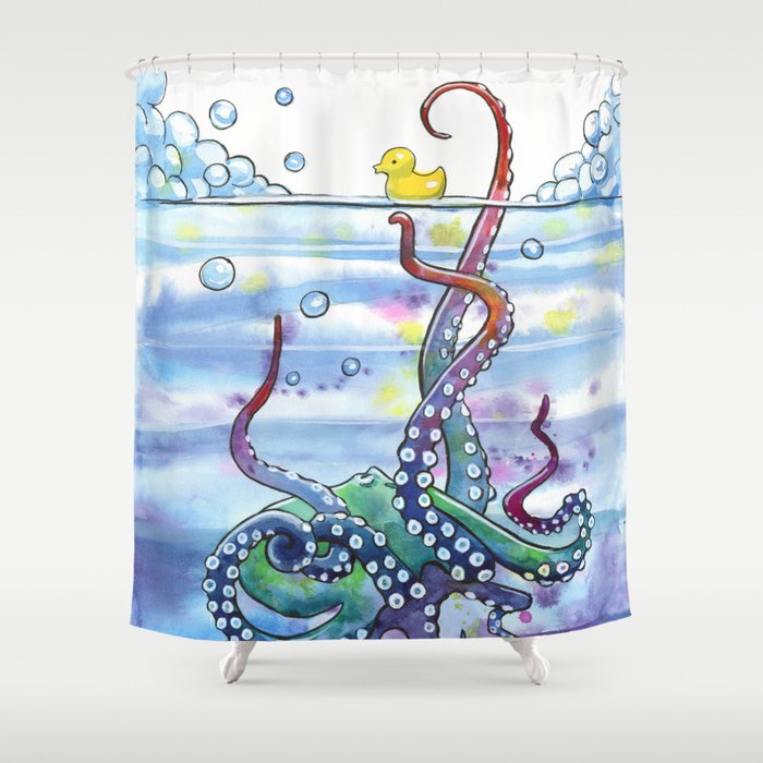 Bath Time Octopus Shower Curtain | Painting, Watercolor, Ink, Illustration, Animals, Humor, Octopus, Bathroom, Colorful, Cute
