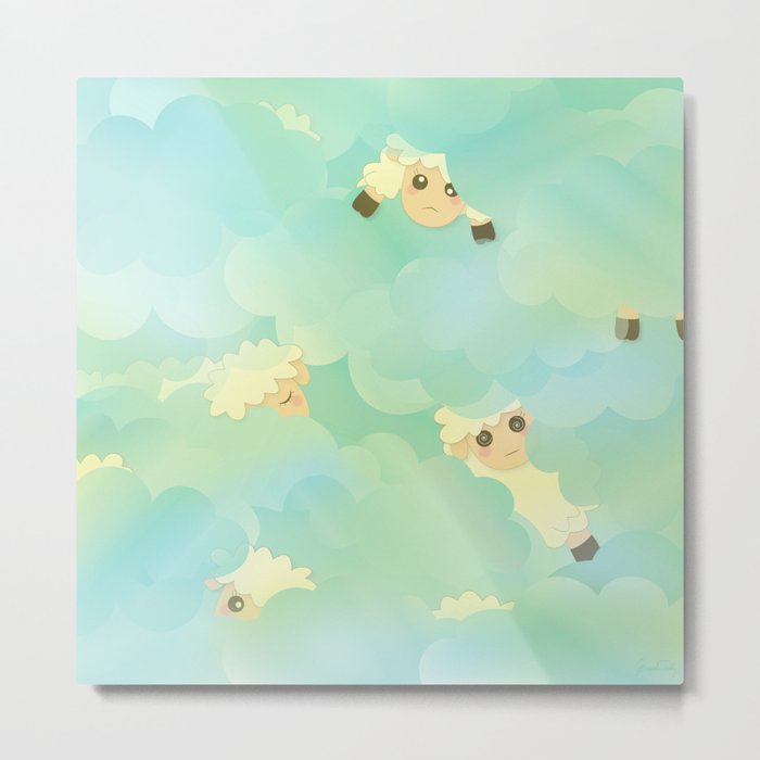Heavenly Baby Sheep I - Mint Green, Baby Blue Colors Sky Background Metal Print