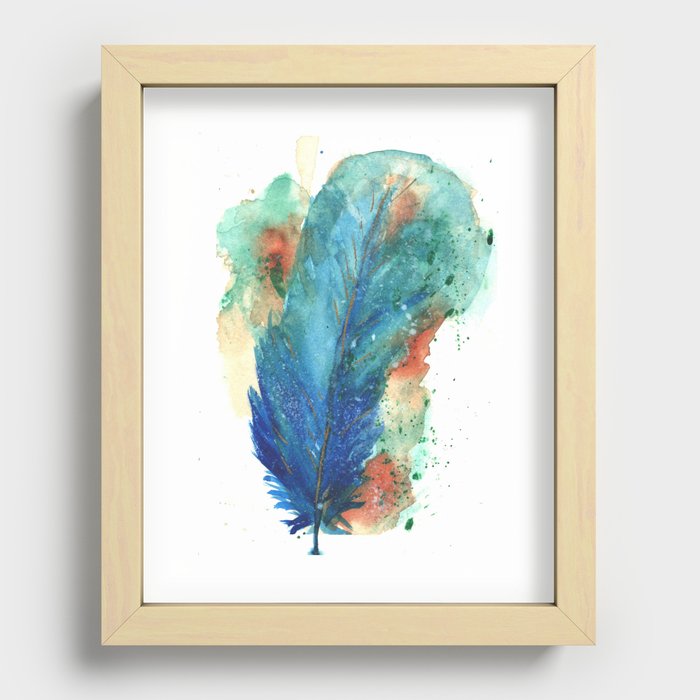 Blue Gold Feather Recessed Framed Print