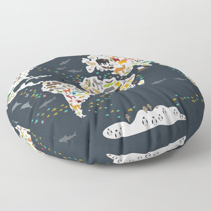 Cartoon animal world map for children, kids, Animals from all over the world, back to school, gray Floor Pillow