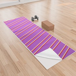 [ Thumbnail: Orchid, Crimson, and Beige Colored Lined/Striped Pattern Yoga Towel ]
