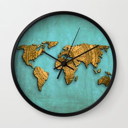 Vintage World Map on Jade Dragon Teal Wall Clock | Map, Painting, Nature, Animal, Street, Vintage, Abstract, Watercolor, World, Pattern 