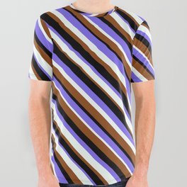 [ Thumbnail: Medium Slate Blue, Mint Cream, Brown & Black Colored Lined Pattern All Over Graphic Tee ]