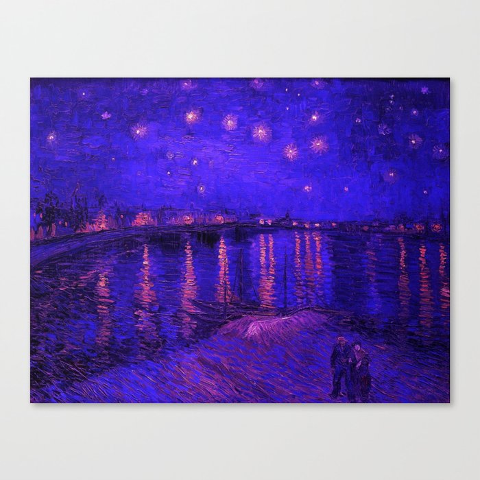 Starry Night Over the Rhone landscape painting by Vincent van Gogh in alternate midnight blue with pink stars Canvas Print