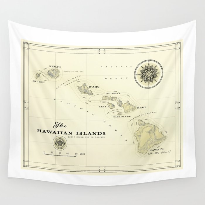 Hawaiian Islands Vintage Inspired Map Print Wall Tapestry By Kokua Design Company Society6 - Hawaii Islands Wall Art