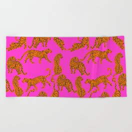 Abstract leopard with red lips illustration in fuchsia background  Beach Towel