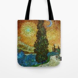 Road with Cypress and Star; Country Road in Provence by Night, oil-on-canvas post-impressionist landscape painting by Vincent van Gogh in alternate gold twilight sky Tote Bag