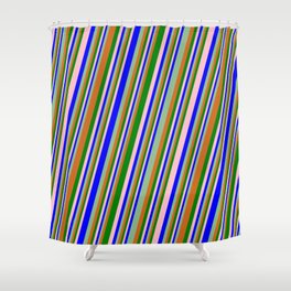 [ Thumbnail: Eyecatching Pink, Blue, Dark Sea Green, Chocolate, and Green Colored Pattern of Stripes Shower Curtain ]