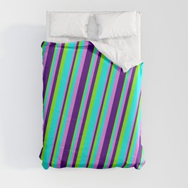[ Thumbnail: Chartreuse, Aqua, Violet, and Indigo Colored Striped/Lined Pattern Duvet Cover ]