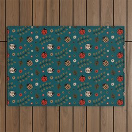 Ladybug and Floral Seamless Pattern on Teal Blue Background Outdoor Rug