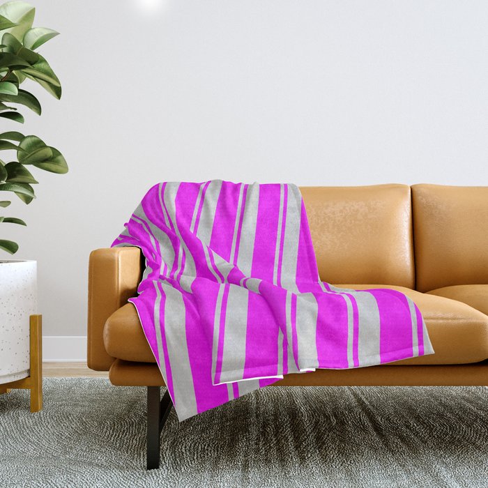 Light Gray and Fuchsia Colored Striped/Lined Pattern Throw Blanket