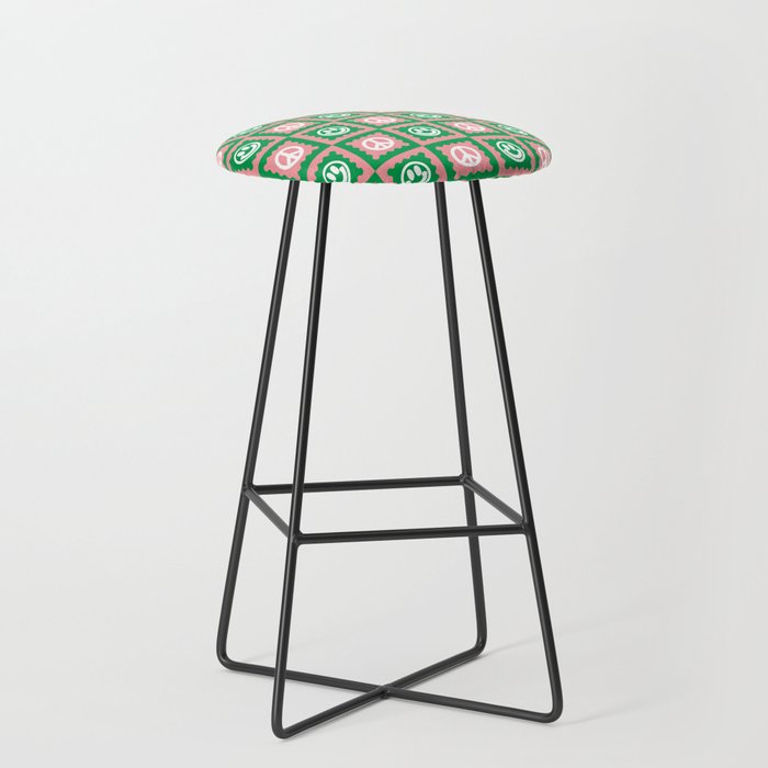 Funky Checkered Smileys and Peace Symbol Pattern (Pink, Green, White) Bar Stool