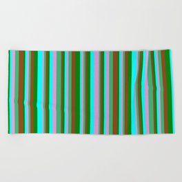 [ Thumbnail: Eye-catching Brown, Green, Cyan, Plum, and Sea Green Colored Stripes Pattern Beach Towel ]