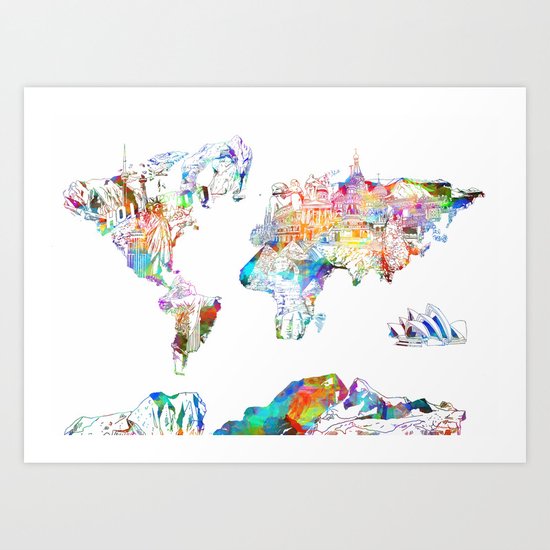 world map landmarks collage Art Print