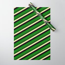 [ Thumbnail: Tan, Black & Green Colored Stripes/Lines Pattern Wrapping Paper ]