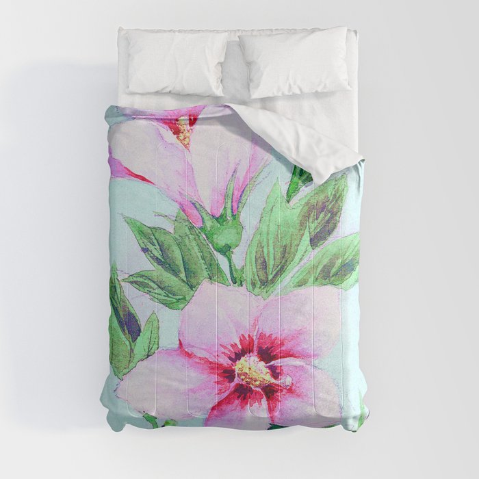 Remix Japanese Woodblock Painting of  Hibiscus Plant  by Megata Morikaga Comforter
